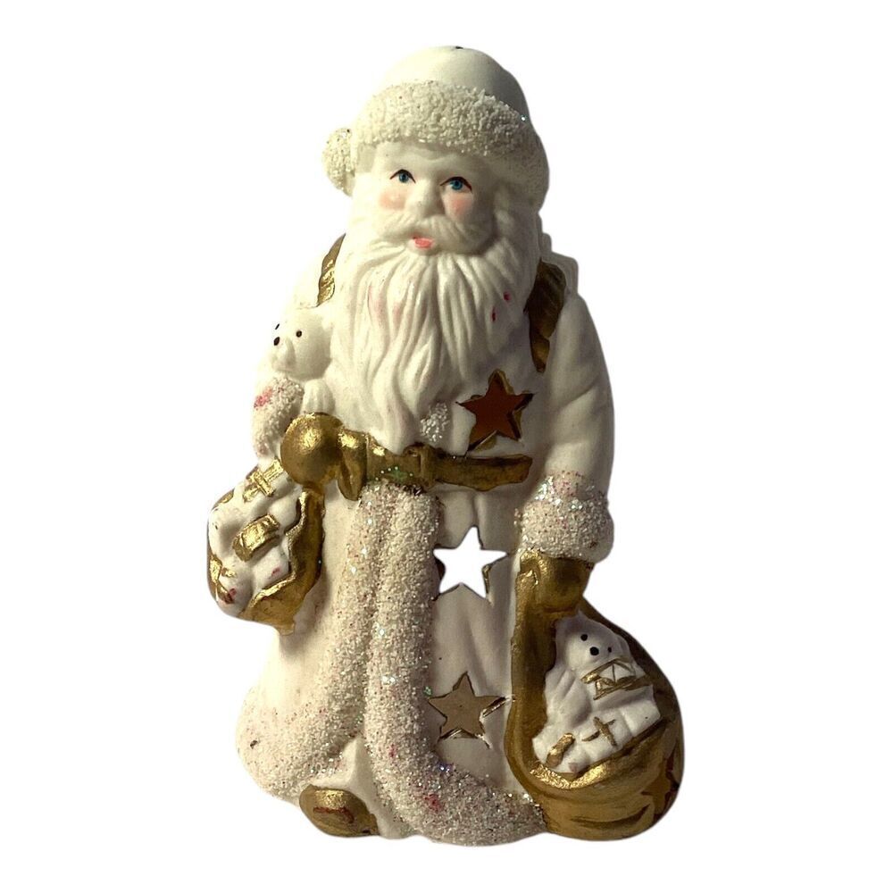 Vintage White and Gold Ceramic Santa Votive/Tea Light Candle Holder